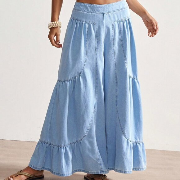 Boho Blue Casual Women's Vacation Patchwork Design Loose Wide-Leg Denim Jeans - Picture 7 of 7